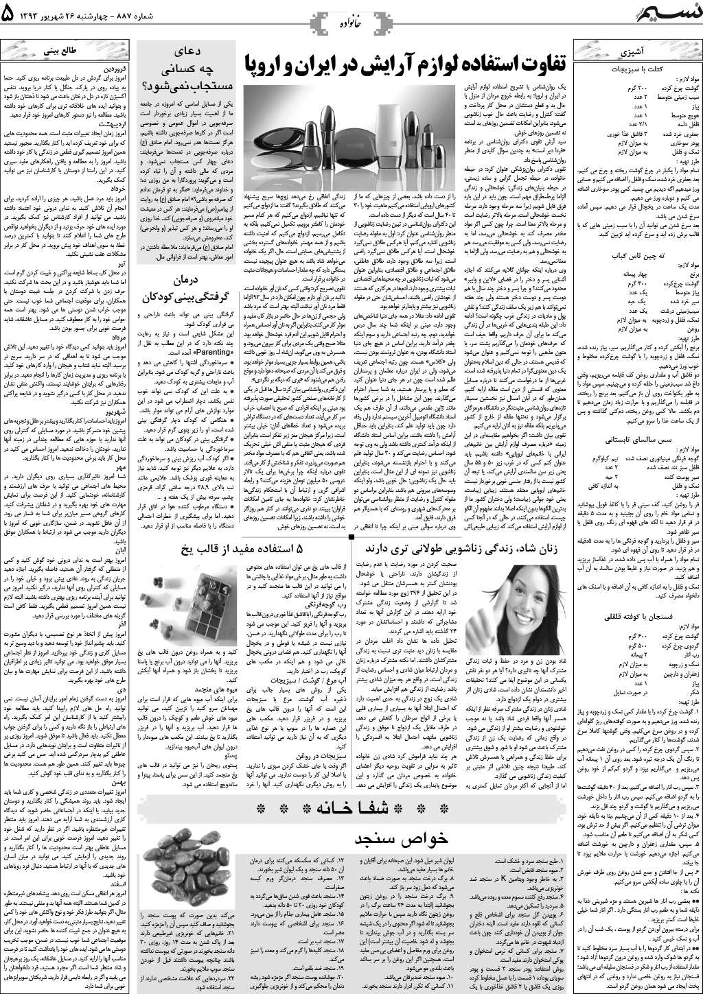 صفحه خانواده روزنامه نسیم شماره 887